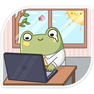 🐸 กบ, แล็ปท็อป, สำนักงาน, การ์ตูน, สัตว์, หน้าต่าง, ผีเสื้อ, ดวงอาทิตย์ telegram sticker
