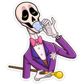 🍸 骸骨, お茶を飲む, 紫のスーツ, 蝶ネクタイ, 杖, 骨, 頭蓋骨 telegram sticker