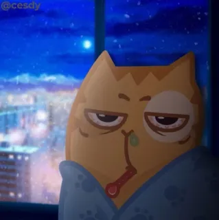 🤒 猫, 生病, 温度计, 窗户, 夜晚, 卡通 telegram sticker
