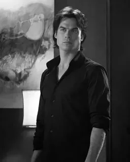 🎭 Damon Salvatore The Vampire Diaries Ian Somerhalder, vampire, tv show, black and white, portrait, actor telegram sticker