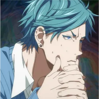 😰 anime, homem, cabelo azul, pensando, brincos, masculino, pensativo telegram sticker