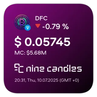 📊 DFC
▼ -0.79 %
$ 0.05745
MC: $5.68M
nine candles
20:31, Thu, 10.07.2025 (GMT +0) cryptocurrency, finance, investment, market, stock telegram sticker