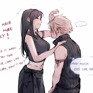 🥢 Tifa Lockhart Final Fantasy VII HAIR
MORE
KYP
0
D IT WHEN
YOU THAT
IR LOOKS LIKE
COBO, DIDN'T YOU?
HOW MUCH
DID SHE DR Tifa, Cloud, anime, Final Fantasy, video game, fanart telegram sticker