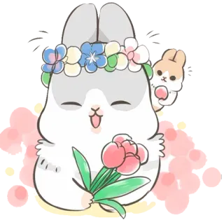 😏 conejo, lindo, kawaii, corona de flores, dibujos animados, animal, primavera telegram sticker
