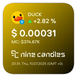 📊 DUCK
+2.82%
$ 0.00031
MC: $374.67K
nine candles
20:31, Thu, 10.07.2025 (GMT +0) duck, finance, cryptocurrency, market, investment telegram sticker