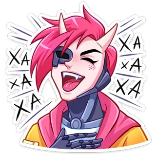 ⭐ XA XA XA personagem, cabelo rosa, chifres, cyborg, rindo telegram sticker
