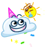 🥳 cartone animato, sole, nuvola, festa, celebrazione, divertente, carino, stravagante telegram sticker