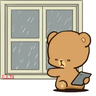 😔 熊, 卡通, 窗户, 雨, 平板, 可爱, 动画 telegram sticker
