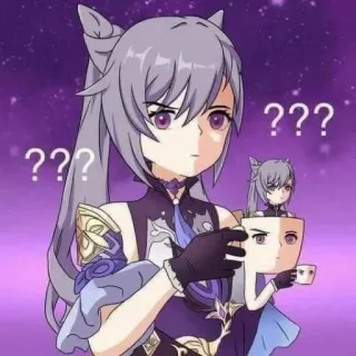 ❓ Keqing Genshin Impact ??? Anime, Videospiel, Fragezeichen, Lila, Katzenmädchen, Genshin Impact, Keqing whatsapp sticker