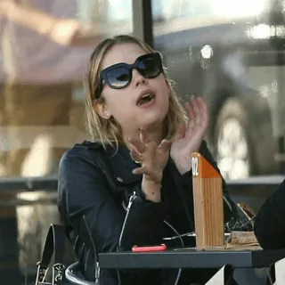 🍓 woman, sunglasses, outdoor, person, table, blonde hair telegram sticker
