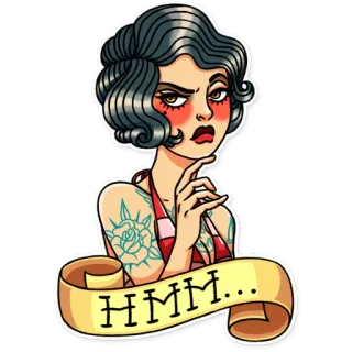🤨 HMM... woman, tattoo, thinking, hmm, vintage whatsapp sticker