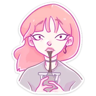 🤔 fille, cheveux roses, boisson, kawaii, mignon, dessin animé whatsapp sticker