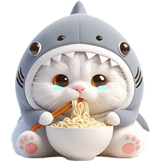 🍜 gato, tiburón, fideos, lindo, animal, pegatina, dibujos animados whatsapp sticker