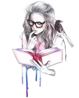 😃 mulher, livro, óculos, pássaro, leitura, arte, desenho, ilustração whatsapp sticker