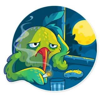 🚬 vogel, sigaret, roken, verdrietig, cartoon, nacht, maan, antropomorf telegram sticker