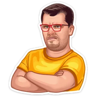 😐 homme, lunettes, chemise jaune, bras croisés, sérieux, agacé telegram sticker