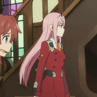 🌷 Zero Two Darling in the Franxx Anime, Zero Two, Darling in the Franxx, cabelo rosa, chifres, roupa vermelha telegram sticker