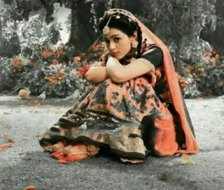 😔 woman, indian, traditional, clothing, sitting, outdoors telegram sticker