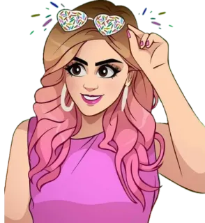 🤓 pegatina, dibujo animado, mujer, pelo rosa, gafas de sol de corazón telegram sticker