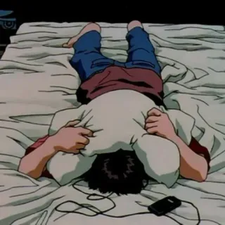 😖 аниме, кровать, персонаж, наушники, грустный telegram sticker
