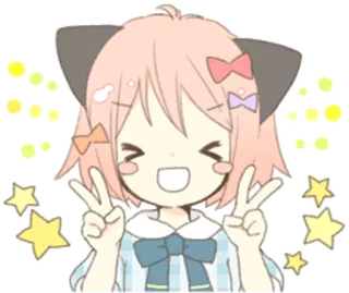 ✌️ Anime, Kawaii, Desenho animado, Sinal de paz, Orelhas de gato, Bonito, Menina, Estrelas telegram sticker
