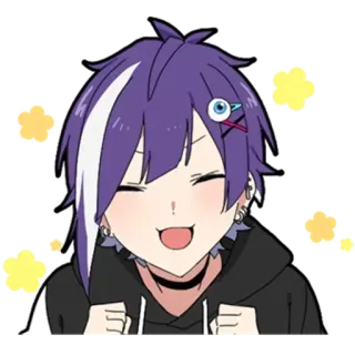 😆 Anime, Charakter, lila Haare, Augapfel Haarnadel, süß, Lächeln telegram sticker