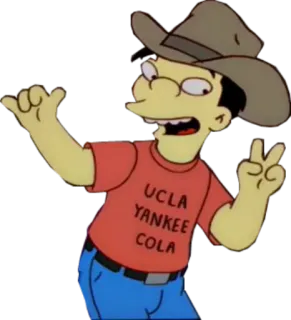 ✌ UCLA
YANKEE
COLA мультфильм, UCLA, Yankee Cola, Симпсоны, персонаж, шляпа, футболка telegram sticker