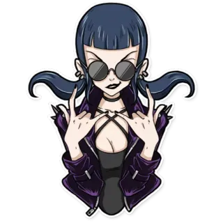 🤘 donna, goth, punk, rock, occhiali da sole, giacca di pelle, atteggiamento, gesto whatsapp sticker