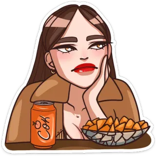 😐 Cok donna, cibo, snack, bevanda, annoiato, rilassato, lattina, patatine, persona whatsapp sticker