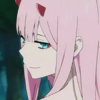 💖 Zero Two Darling in the Franxx Anime, Zero Two, Darling in the Franxx, Cheveux roses, Cornes, Souriant(e) telegram sticker