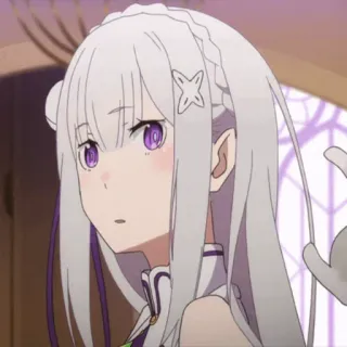 🤍 Emilia Re:Zero anime, ragazza, capelli bianchi, occhi viola, elfo telegram sticker
