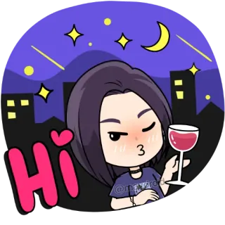 👋 Hi cartoon, greeting, stars, moon, wine, night, girl telegram sticker