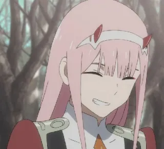 😁 Zero Two Darling in the Franxx Anime, Mädchen, pinke Haare, Hörner, Zero Two, Darling in the Franxx telegram sticker