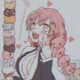 💕 Mitsuri Kanroji Demon Slayer anime, cute, ice cream, kawaii, hearts, pink hair, fanart telegram sticker