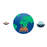 🌎 planeta, terra, pixel art, space invaders, nave espacial, alienígena, ovni, gaming telegram sticker