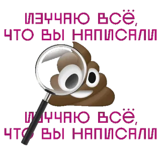 💩 ИЗУЧАЮ ВСЁ, ЧТО ВЫ НАПИСАЛИ magnifying glass, emoji, text, Russian telegram sticker