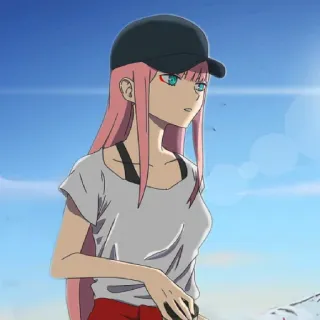 😐 Zero Two Darling in the Franxx 애니메이션, 제로투, 캐릭터, 달링 인 더 프랑키스, 여자, 분홍 머리 telegram sticker