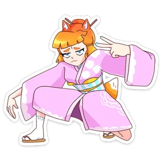 😔 cartoon, anime, fox, girl, kimono, peace sign, sticker, cute, japanese telegram sticker
