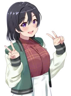 🤤 Anime Mädchen, Friedenszeichen, Kurze Haare, Lila Augen, Süß telegram sticker