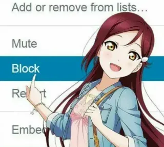 😧 Add or remove from lists...
Mute
Block
Report
Embed Anime, Dziewczyna, Środkowy palec, Zablokuj, Zgłoś, Obraźliwe, Gest telegram sticker