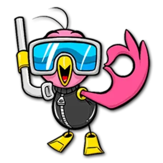 👌 Cartoon, Vogel, Taucher, Tauchen, OK Geste, Unterwasser, Schnorcheln telegram sticker