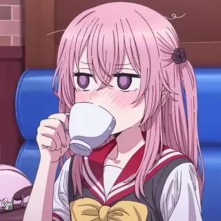 💖 gadis anime, rambut pink, minum, imut, kafe, seni digital telegram sticker