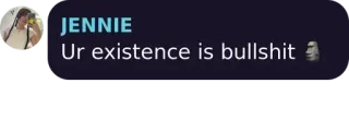 🤔 Jennie Ur existence is bullshit оскорбительный, оскорбление, чат, онлайн, интернет, общение, мем whatsapp sticker