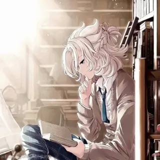 💠 anime, reading, library, book, white hair, male whatsapp sticker
