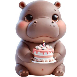 🍮 hipopótamo, fofo, animal, bolo, aniversário, desenho animado, adorável telegram sticker