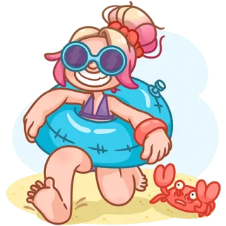 🏖 kreskówka, plaża, lato, krab, dziewczyna, okulary przeciwsłoneczne, strój kąpielowy, materac do pływania telegram sticker