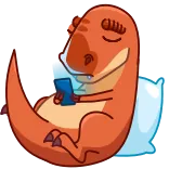 😯 dinosaur, sleeping, relaxing, tired, T-Rex, pillow, digital tablet, orange, reptile telegram sticker