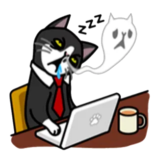 😴 кот, уставший, офис, работа, сонный, ноутбук, мультфильм whatsapp sticker
