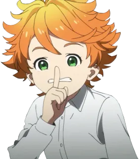 🤫 Emma The Promised Neverland Anime, Charakter, orange Haare, grüne Augen, Finger an Lippen, Psst, The Promised Neverland whatsapp sticker