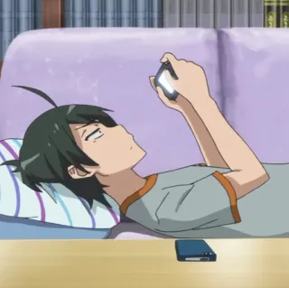 🕸 Hikigaya Hachiman Oregairu Anime, Personagem, Deitado, Celular, Smartphone, Oregairu telegram sticker